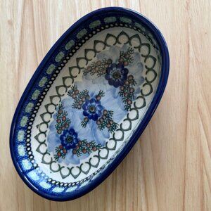 Handmade Polish Pottery Blue Floral Oval Bowl 7" Unikat 486